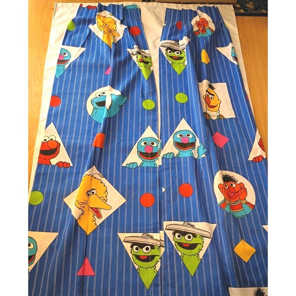 2 Vintage SESAME STREET Muppets Curtain Panels 62”x 40" W/ Pinch Pleat Top